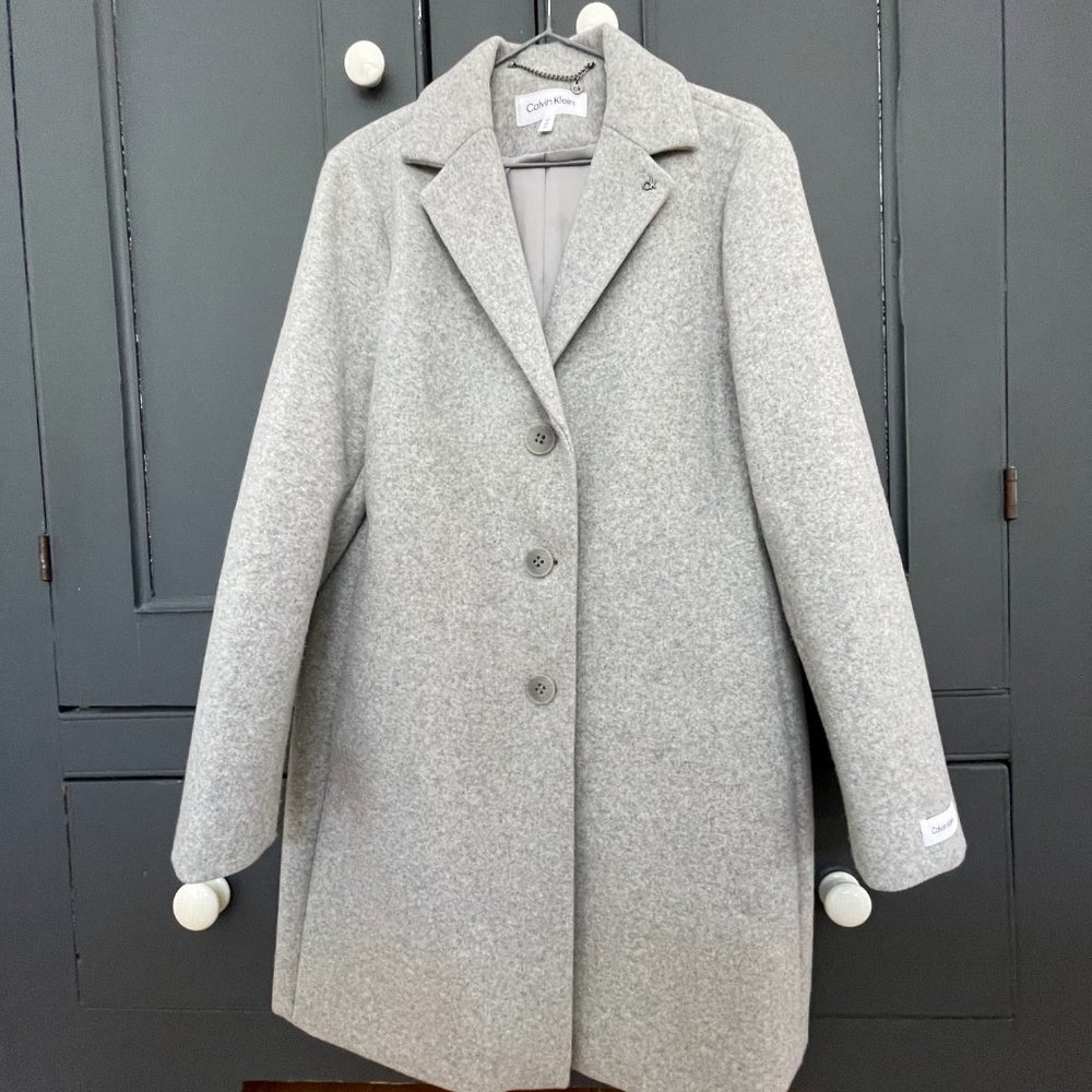 Calvin Klein Grey Notch Collar Single Breasted Overcoat